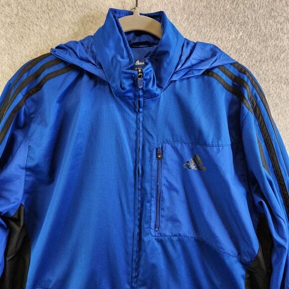 Adidas Windbreaker Jacket Mens M Blue Drive 2 Stowaway Hood Mesh Lined Track - Picture 2 of 15